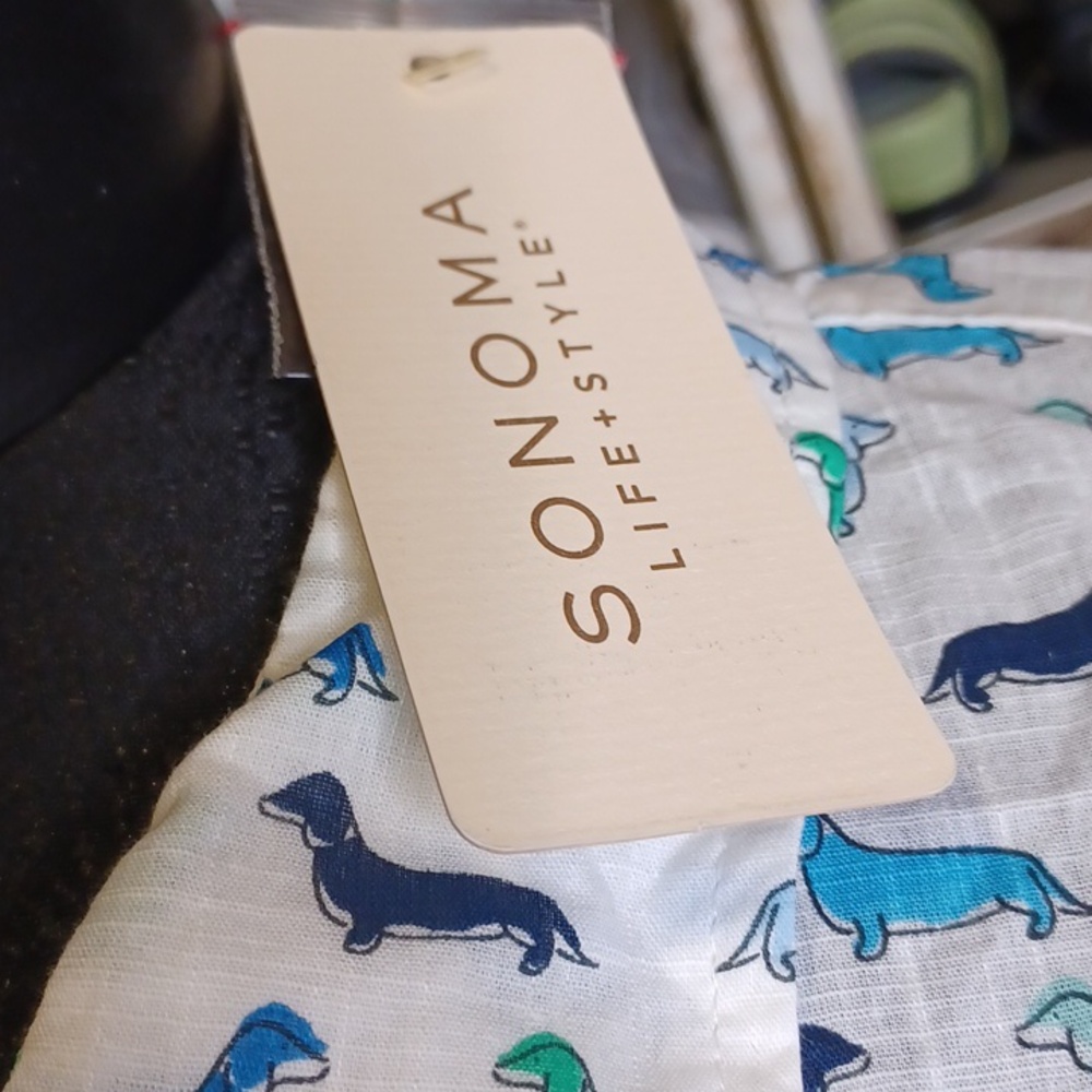 Sonoma Sleeveless Button-Down Shirt in White with Blue & Green Dachshund Print - Picture 2 of 4
